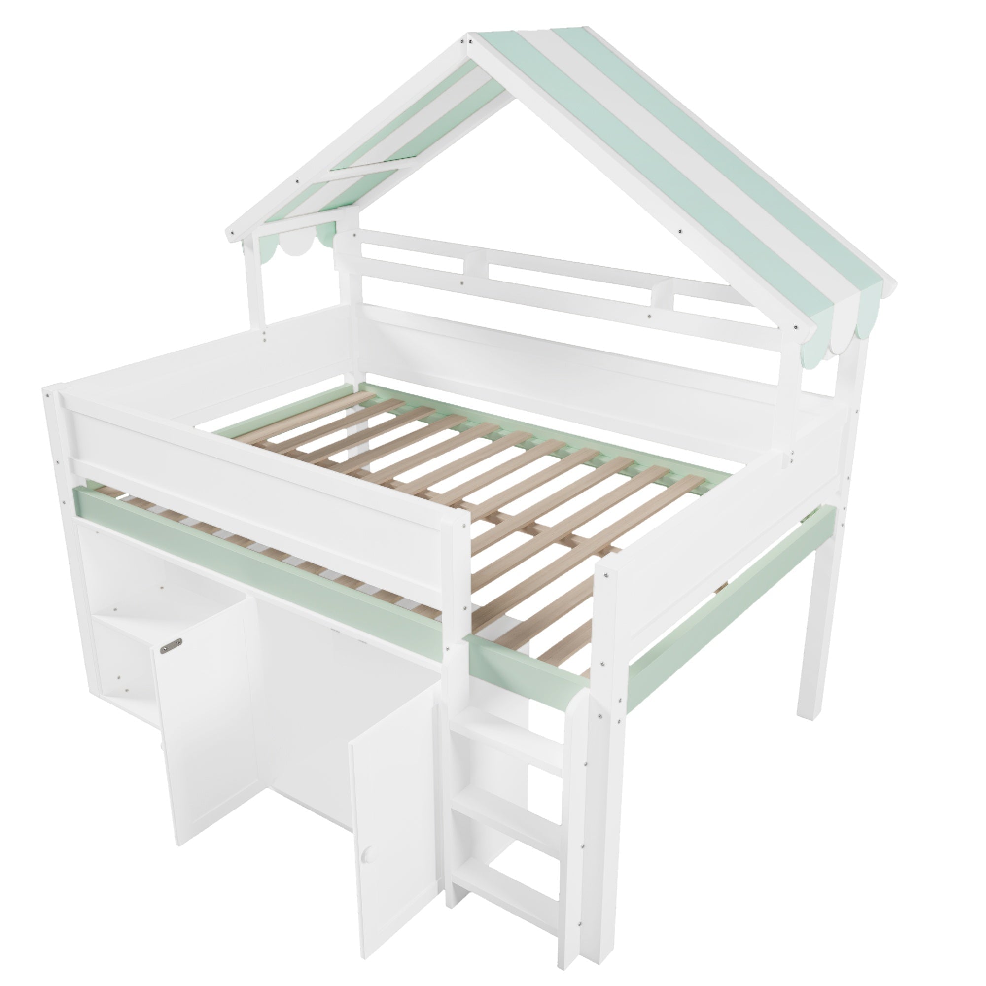 Bellemave® Full Size Loft Bed with Canopy Roof and Storage, Playhouse Design for Kids/Teens - Bellemave