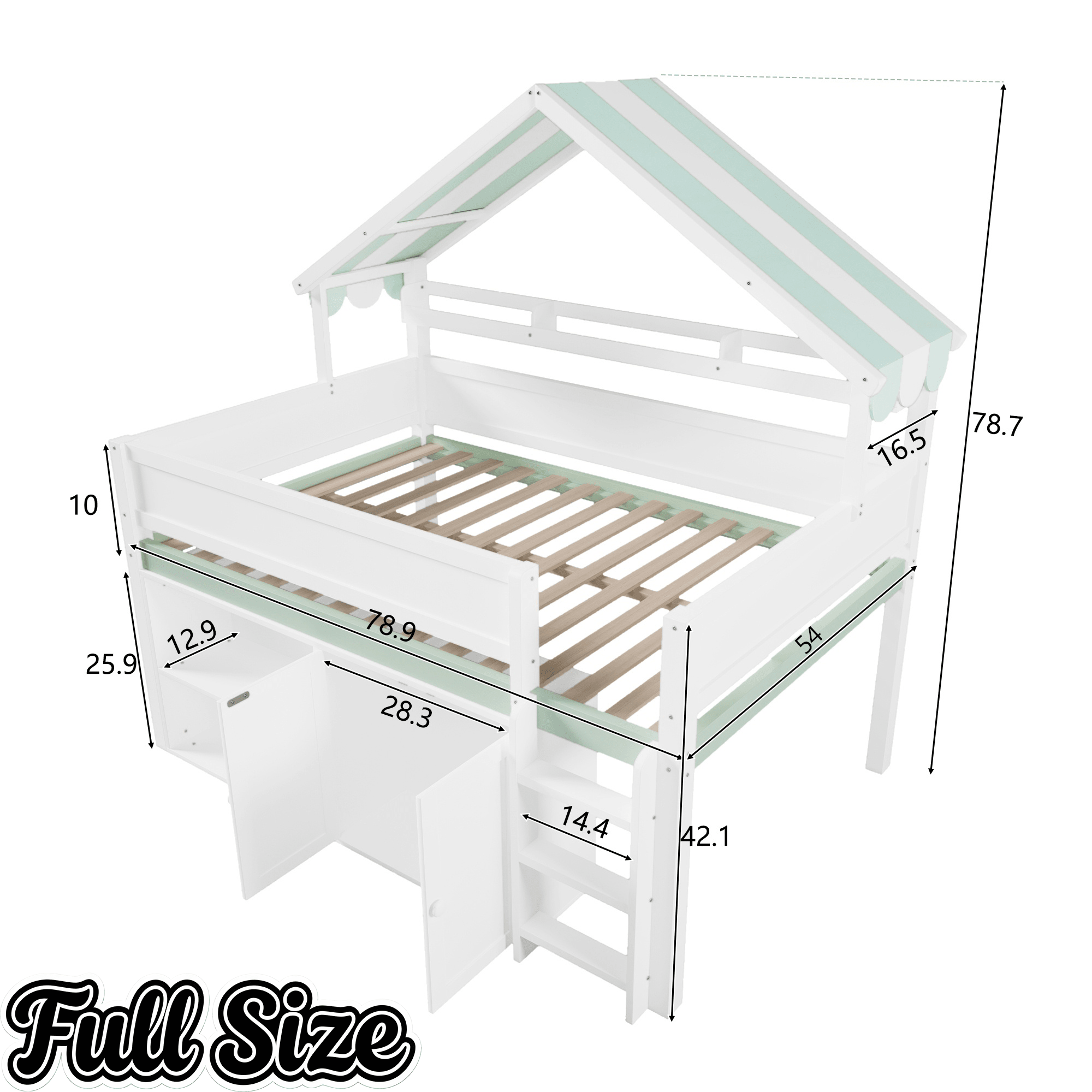 Bellemave® Full Size Loft Bed with Canopy Roof and Storage, Playhouse Design for Kids/Teens - Bellemave