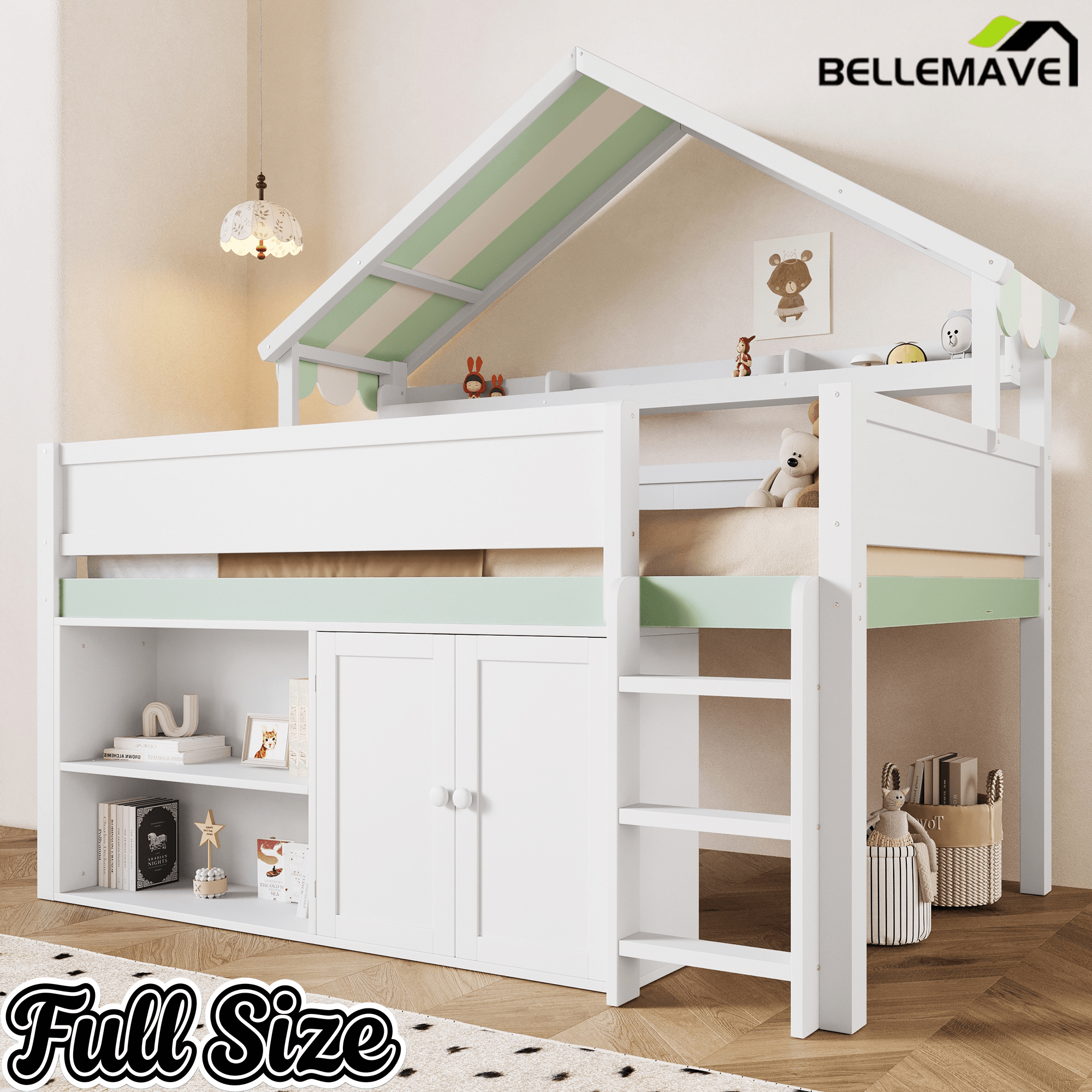 Bellemave® Full Size Loft Bed with Canopy Roof and Storage, Playhouse Design for Kids/Teens - Bellemave