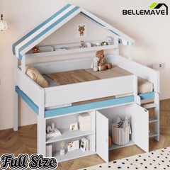 Bellemave® Full Size Loft Bed with Canopy Roof and Storage, Playhouse Design for Kids/Teens - Bellemave