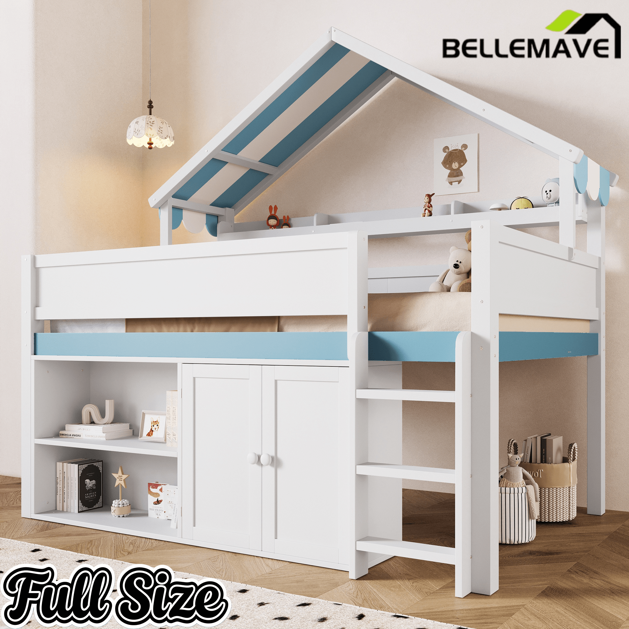 Bellemave® Full Size Loft Bed with Canopy Roof and Storage, Playhouse Design for Kids/Teens - Bellemave