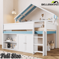 Bellemave® Full Size Loft Bed with Canopy Roof and Storage, Playhouse Design for Kids/Teens - Bellemave