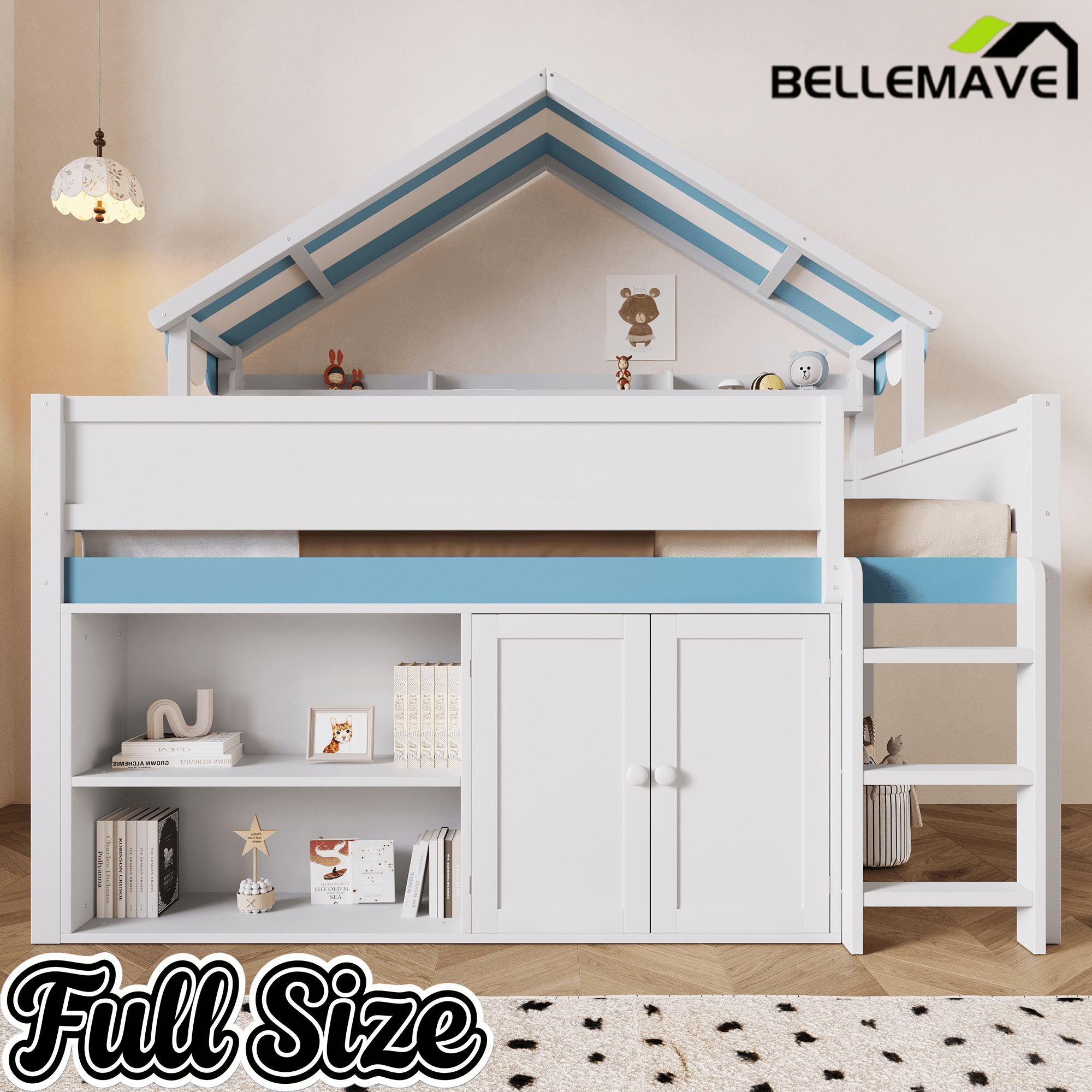 Bellemave® Full Size Loft Bed with Canopy Roof and Storage, Playhouse Design for Kids/Teens - Bellemave