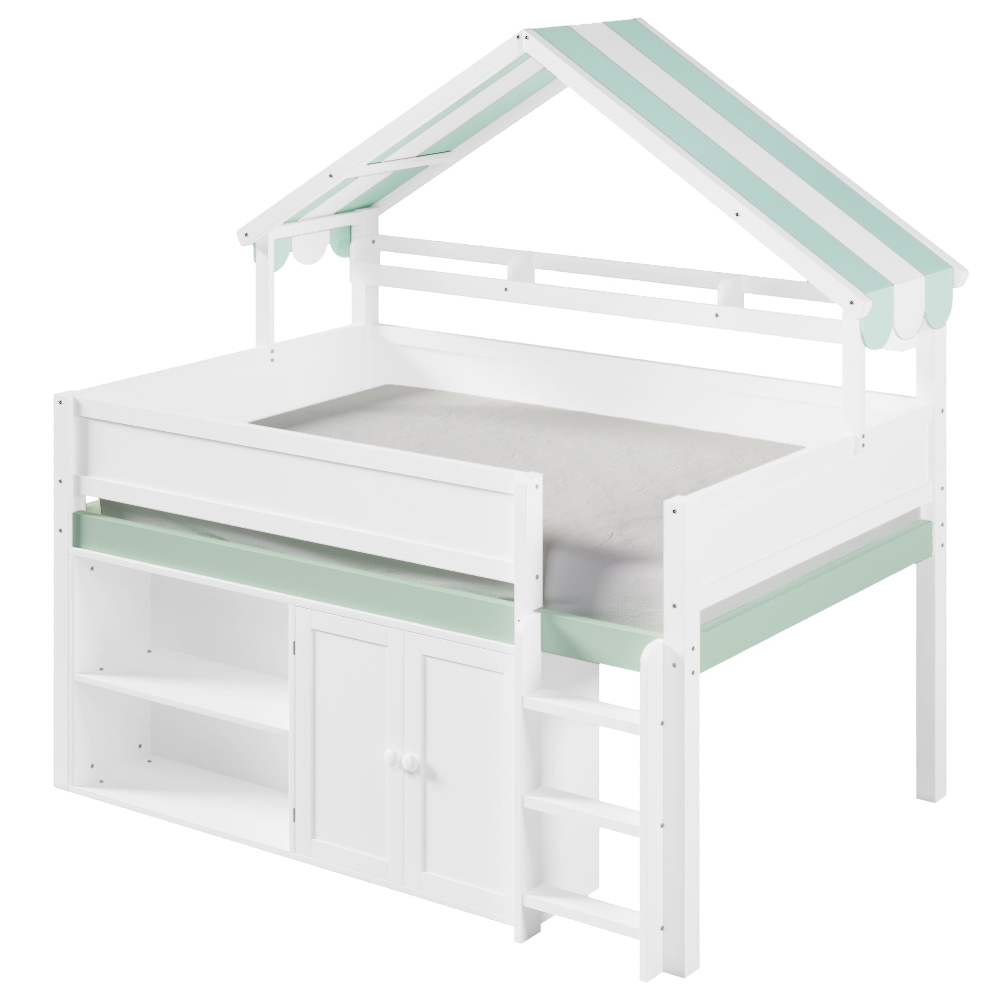 Bellemave® Full Size Loft Bed with Canopy Roof and Storage, Playhouse Design for Kids/Teens - Bellemave