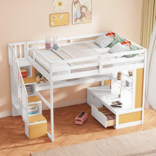 Bellemave® Full Size Loft Bed with Desk and Shelves, Two Built - in Drawers, Storage Staircase - Bellemave
