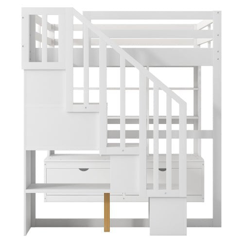 Bellemave® Full Size Loft Bed with Desk and Shelves, Two Built - in Drawers, Storage Staircase - Bellemave