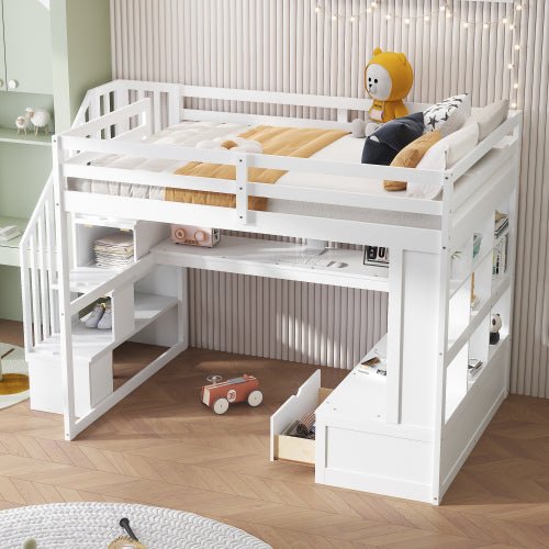 Bellemave® Full Size Loft Bed with Desk and Shelves, Two Built - in Drawers, Storage Staircase - Bellemave
