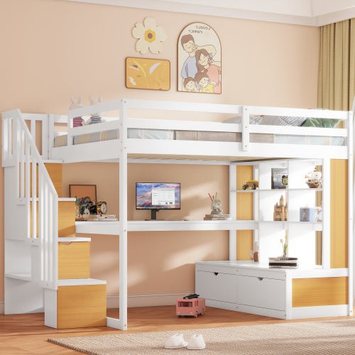 Bellemave® Full Size Loft Bed with Desk and Shelves, Two Built - in Drawers, Storage Staircase - Bellemave