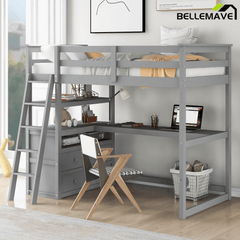 Bellemave® Full Size Loft Bed with Desk and Storage, Wood Loft Bed Frame with Shelves and Built - In Drawers, High Loft Bed for Teens Adults Bedroom, White - Bellemave