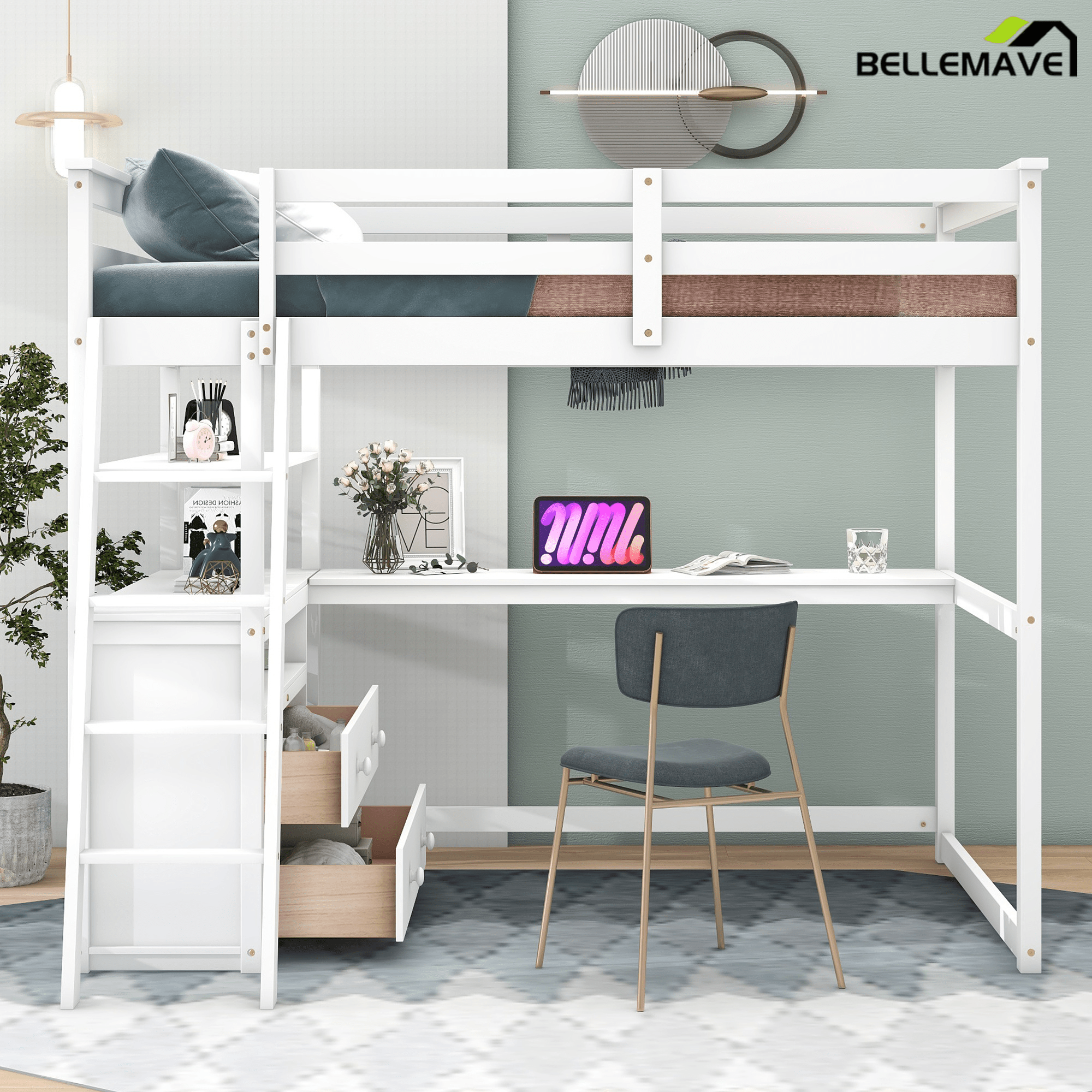 Bellemave® Full Size Loft Bed with Desk and Storage, Wood Loft Bed Frame with Shelves and Built - In Drawers, High Loft Bed for Teens Adults Bedroom, White - Bellemave