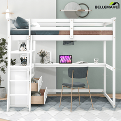 Bellemave® Full Size Loft Bed with Desk and Storage, Wood Loft Bed Frame with Shelves and Built - In Drawers, High Loft Bed for Teens Adults Bedroom, White - Bellemave