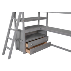 Bellemave® Full Size Loft Bed with Desk and Storage, Wood Loft Bed Frame with Shelves and Built - In Drawers, High Loft Bed for Teens Adults Bedroom, White - Bellemave