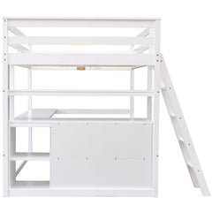 Bellemave® Full Size Loft Bed with Desk and Storage, Wood Loft Bed Frame with Shelves and Built - In Drawers, High Loft Bed for Teens Adults Bedroom, White - Bellemave