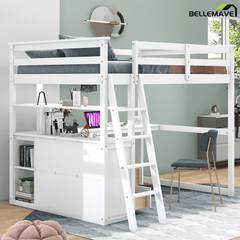 Bellemave® Full Size Loft Bed with Desk and Storage, Wood Loft Bed Frame with Shelves and Built - In Drawers, High Loft Bed for Teens Adults Bedroom, White - Bellemave