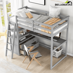 Bellemave® Full Size Loft Bed with Desk and Storage, Wood Loft Bed Frame with Shelves and Built - In Drawers, High Loft Bed for Teens Adults Bedroom, White - Bellemave
