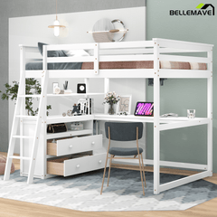 Bellemave® Full Size Loft Bed with Desk and Storage, Wood Loft Bed Frame with Shelves and Built - In Drawers, High Loft Bed for Teens Adults Bedroom, White - Bellemave