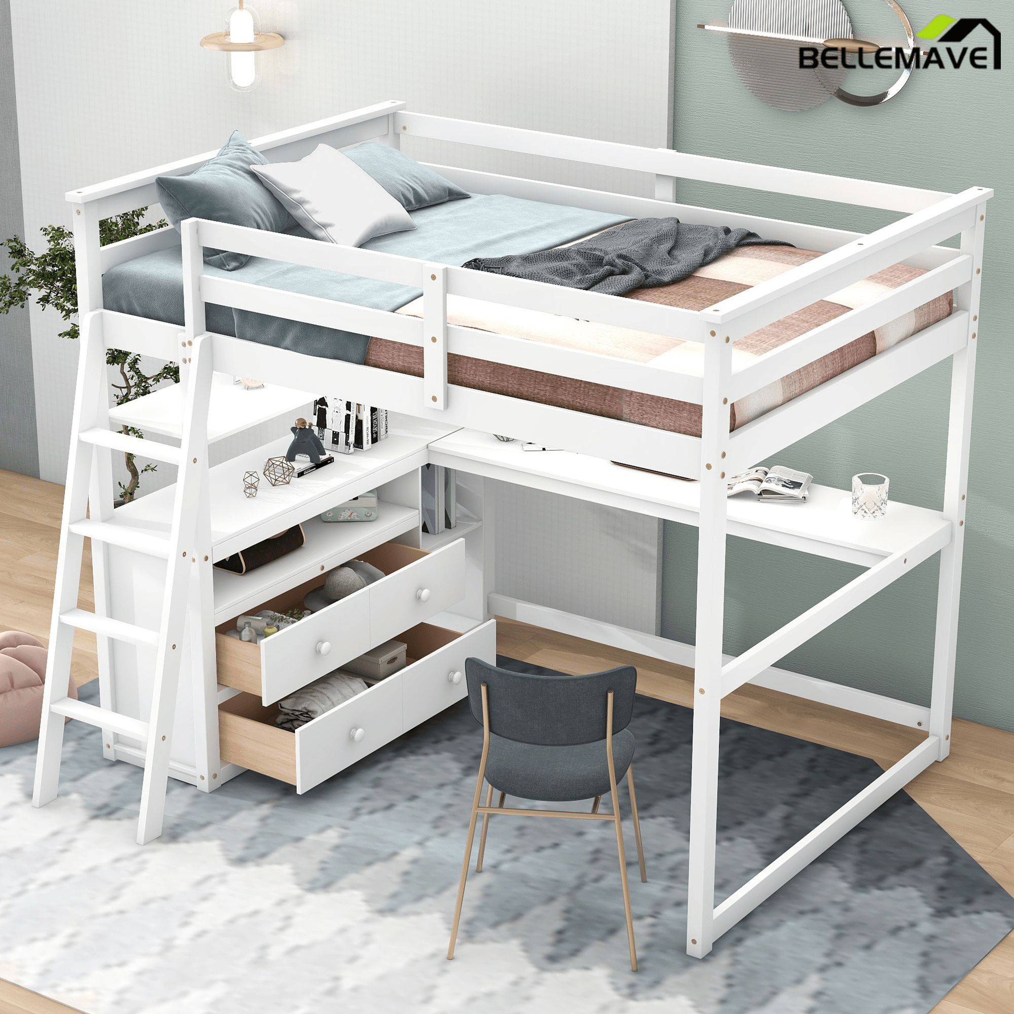 Bellemave® Full Size Loft Bed with Desk and Storage, Wood Loft Bed Frame with Shelves and Built - In Drawers, High Loft Bed for Teens Adults Bedroom, White - Bellemave