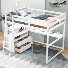 Bellemave® Full Size Loft Bed with Desk and Storage, Wood Loft Bed Frame with Shelves and Built - In Drawers, High Loft Bed for Teens Adults Bedroom, White - Bellemave