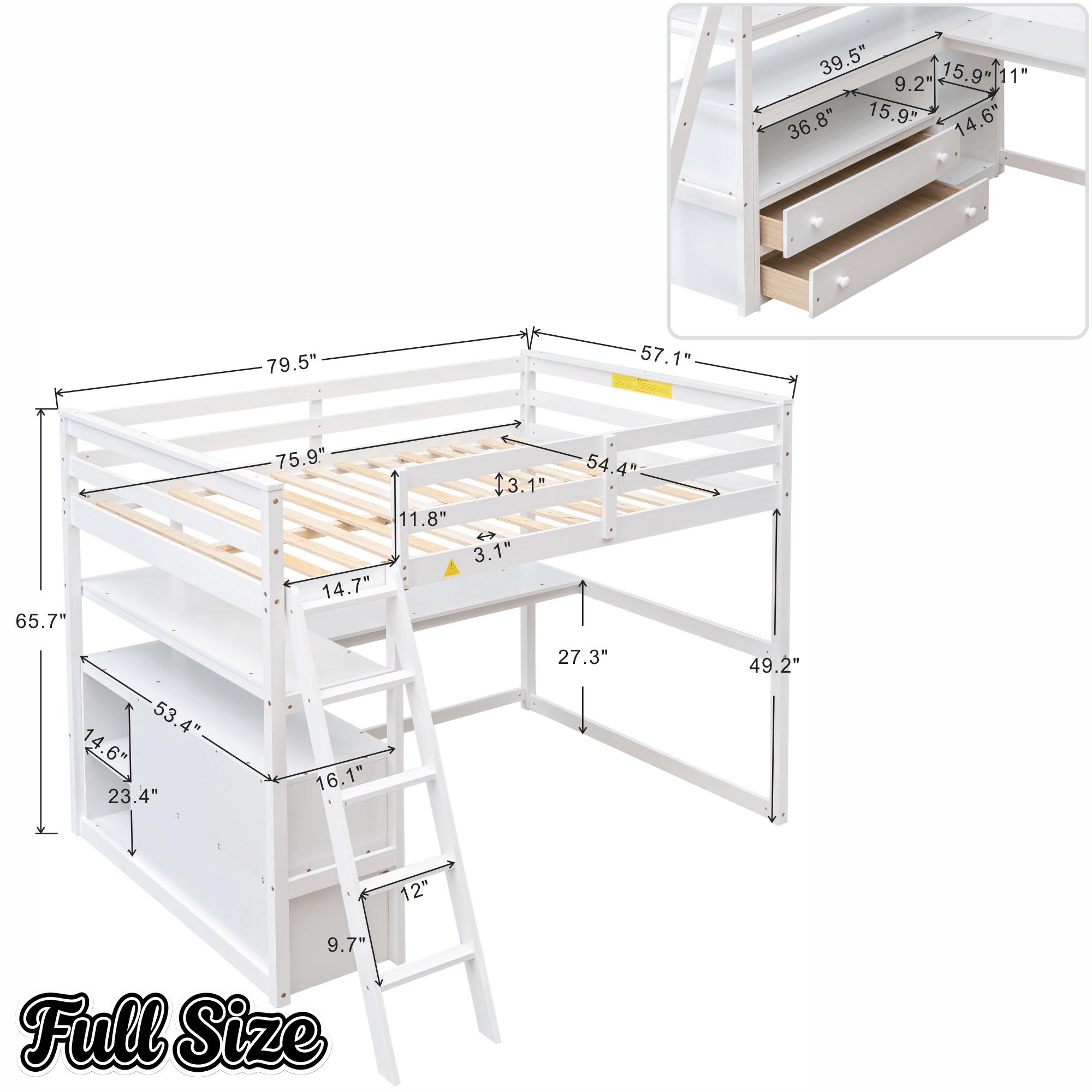 Bellemave® Full Size Loft Bed with Desk and Storage, Wood Loft Bed Frame with Shelves and Built - In Drawers, High Loft Bed for Teens Adults Bedroom, White - Bellemave