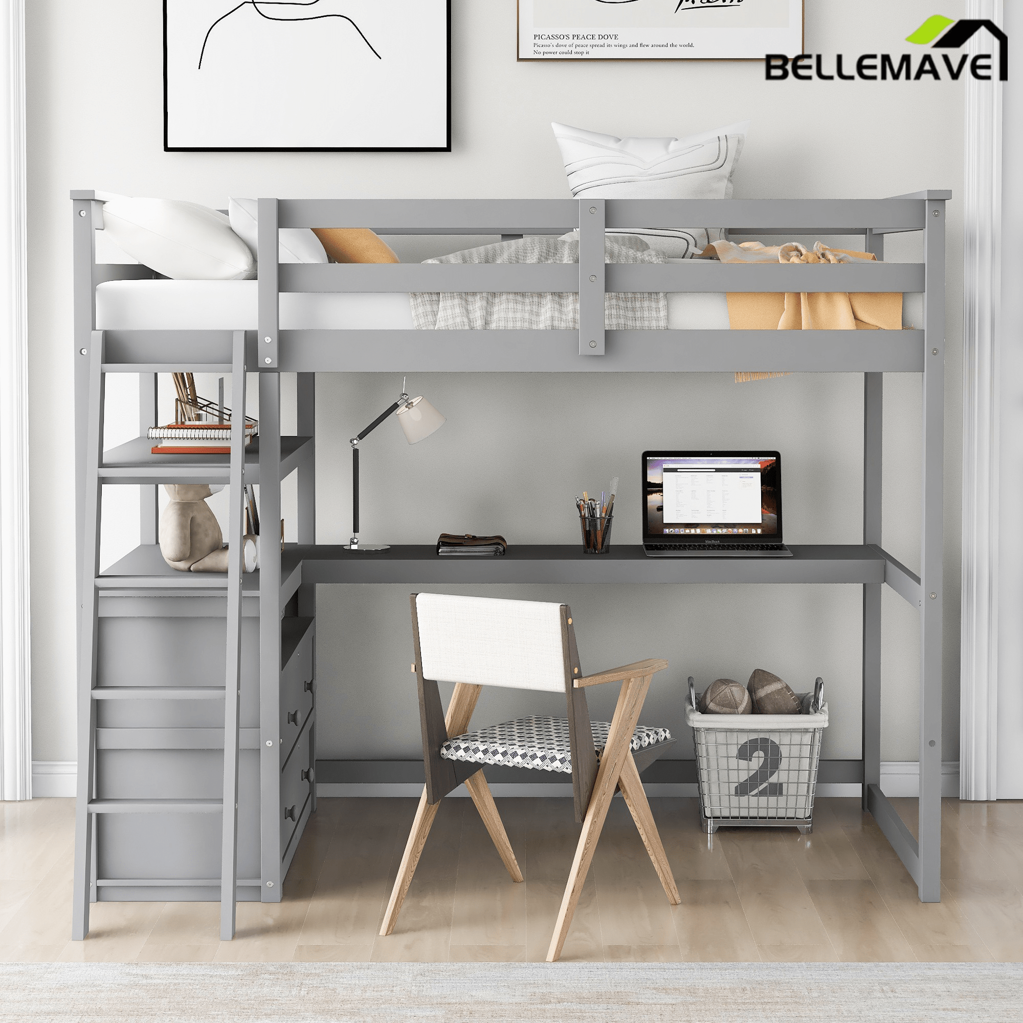 Bellemave® Full Size Loft Bed with Desk and Storage, Wood Loft Bed Frame with Shelves and Built - In Drawers, High Loft Bed for Teens Adults Bedroom, White - Bellemave