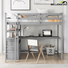 Bellemave® Full Size Loft Bed with Desk and Storage, Wood Loft Bed Frame with Shelves and Built - In Drawers, High Loft Bed for Teens Adults Bedroom, White - Bellemave