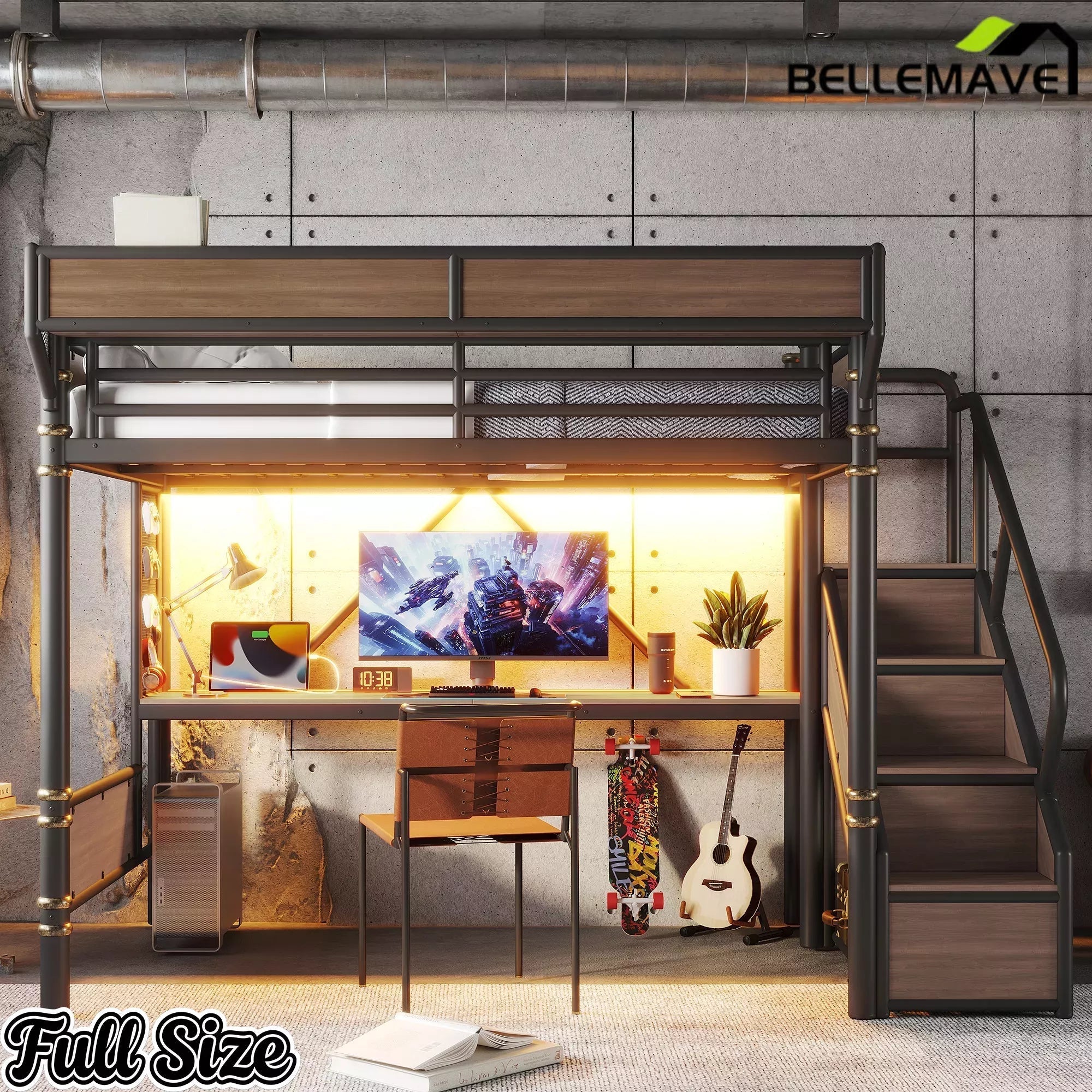 Bellemave® Full Size Loft Bed with Desk, LED Lights & Storage Stairs – Industrial Metal Frame with Built-in Wardrobe - Bellemave