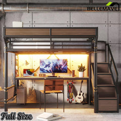 Bellemave® Full Size Loft Bed with Desk, LED Lights & Storage Stairs – Industrial Metal Frame with Built-in Wardrobe - Bellemave