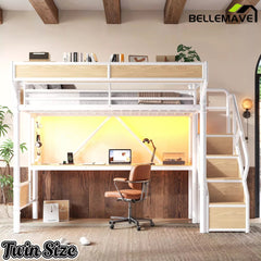 Bellemave® Full Size Loft Bed with Desk, LED Lights & Storage Stairs – Industrial Metal Frame with Built-in Wardrobe - Bellemave