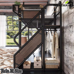 Bellemave® Full Size Loft Bed with Desk, LED Lights & Storage Stairs – Industrial Metal Frame with Built-in Wardrobe - Bellemave