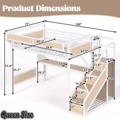 Bellemave® Full Size Loft Bed with Desk, LED Lights & Storage Stairs – Industrial Metal Frame with Built-in Wardrobe - Bellemave