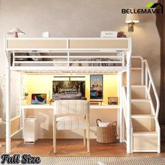 Bellemave® Full Size Loft Bed with Desk, LED Lights & Storage Stairs – Industrial Metal Frame with Built-in Wardrobe - Bellemave