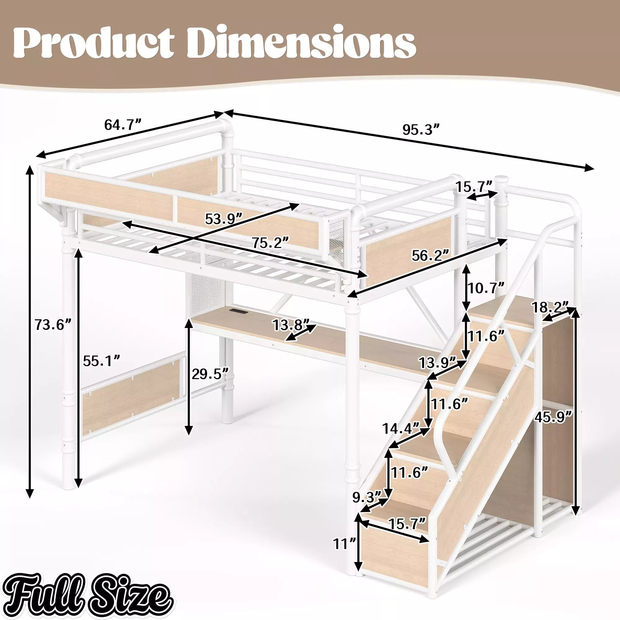 Bellemave® Full Size Loft Bed with Desk, LED Lights & Storage Stairs – Industrial Metal Frame with Built-in Wardrobe - Bellemave