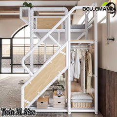 Bellemave® Full Size Loft Bed with Desk, LED Lights & Storage Stairs – Industrial Metal Frame with Built-in Wardrobe - Bellemave