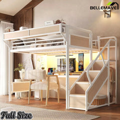 Bellemave® Full Size Loft Bed with Desk, LED Lights & Storage Stairs – Industrial Metal Frame with Built-in Wardrobe - Bellemave