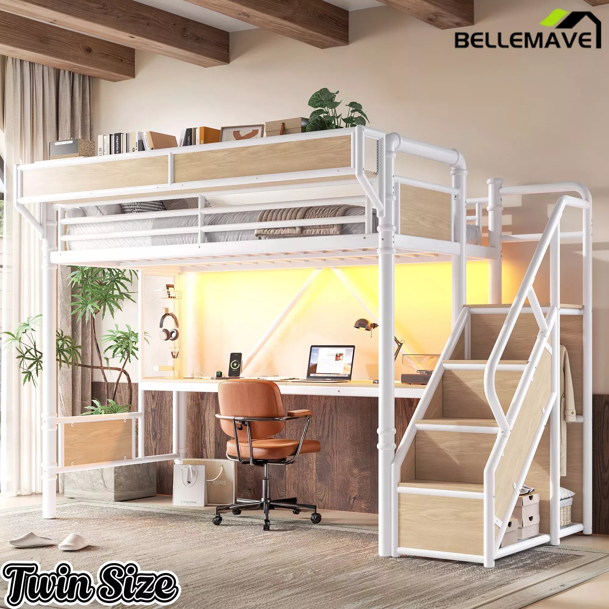 Bellemave® Full Size Loft Bed with Desk, LED Lights & Storage Stairs – Industrial Metal Frame with Built-in Wardrobe - Bellemave
