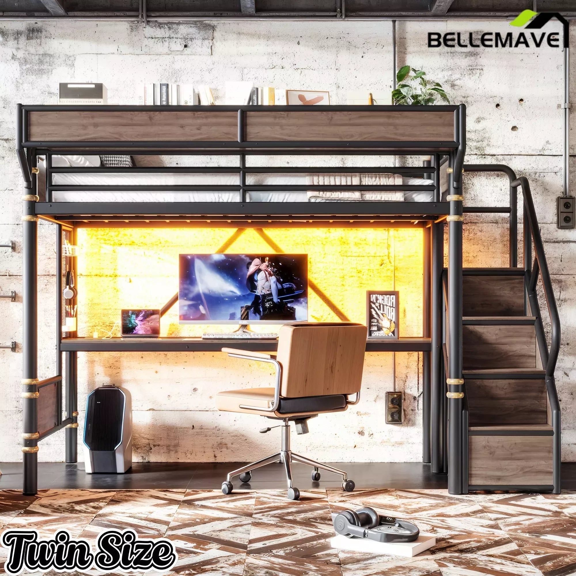 Bellemave® Full Size Loft Bed with Desk, LED Lights & Storage Stairs – Industrial Metal Frame with Built-in Wardrobe - Bellemave