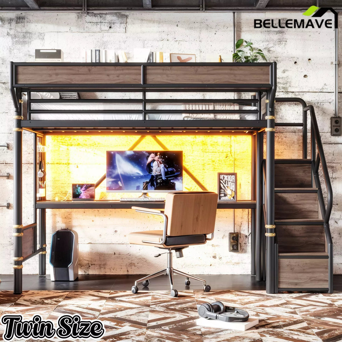 Bellemave® Full Size Loft Bed with Desk, LED Lights & Storage Stairs – Industrial Metal Frame with Built-in Wardrobe - Bellemave