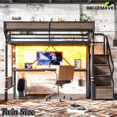 Bellemave® Full Size Loft Bed with Desk, LED Lights & Storage Stairs – Industrial Metal Frame with Built-in Wardrobe - Bellemave