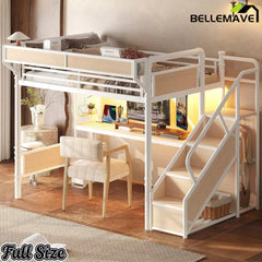 Bellemave® Full Size Loft Bed with Desk, LED Lights & Storage Stairs – Industrial Metal Frame with Built-in Wardrobe - Bellemave