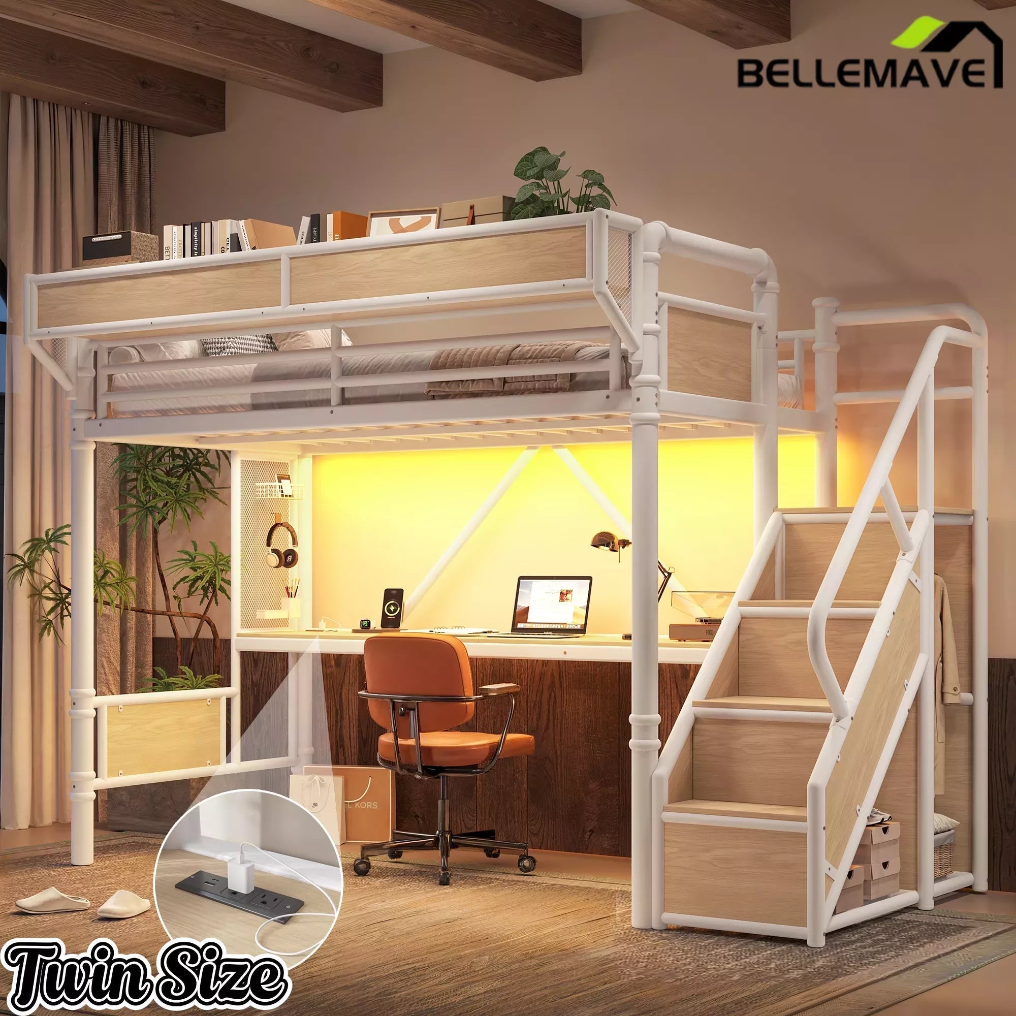 Bellemave® Full Size Loft Bed with Desk, LED Lights & Storage Stairs – Industrial Metal Frame with Built-in Wardrobe - Bellemave