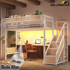 Bellemave® Full Size Loft Bed with Desk, LED Lights & Storage Stairs – Industrial Metal Frame with Built-in Wardrobe - Bellemave