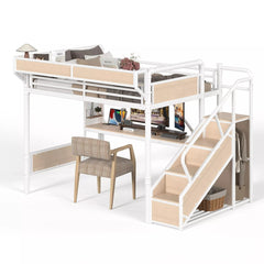 Bellemave® Full Size Loft Bed with Desk, LED Lights & Storage Stairs – Industrial Metal Frame with Built-in Wardrobe - Bellemave