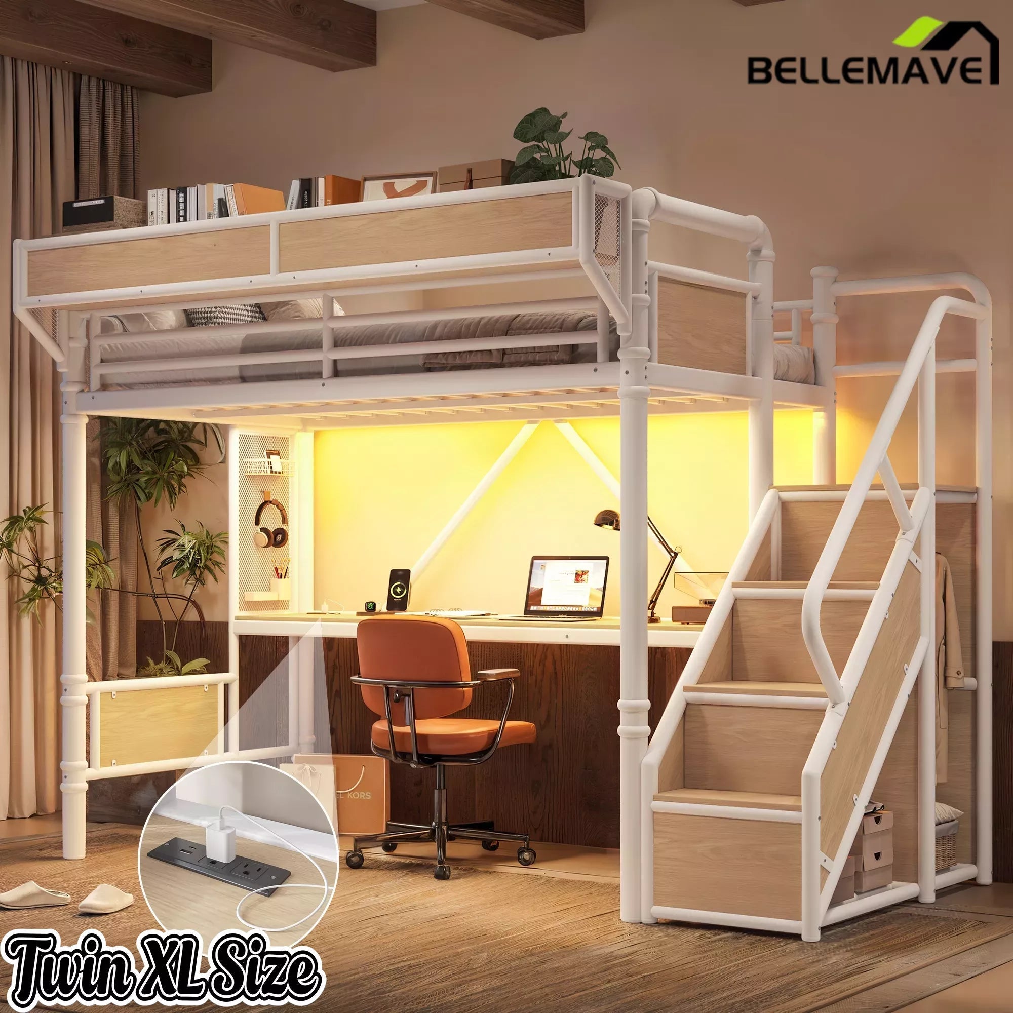 Bellemave® Full Size Loft Bed with Desk, LED Lights & Storage Stairs – Industrial Metal Frame with Built-in Wardrobe - Bellemave