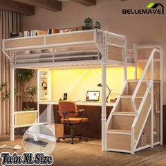 Bellemave® Full Size Loft Bed with Desk, LED Lights & Storage Stairs – Industrial Metal Frame with Built-in Wardrobe - Bellemave