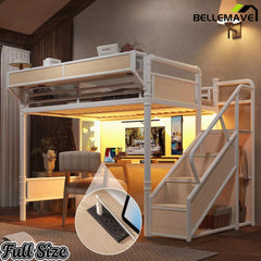 Bellemave® Full Size Loft Bed with Desk, LED Lights & Storage Stairs – Industrial Metal Frame with Built-in Wardrobe - Bellemave