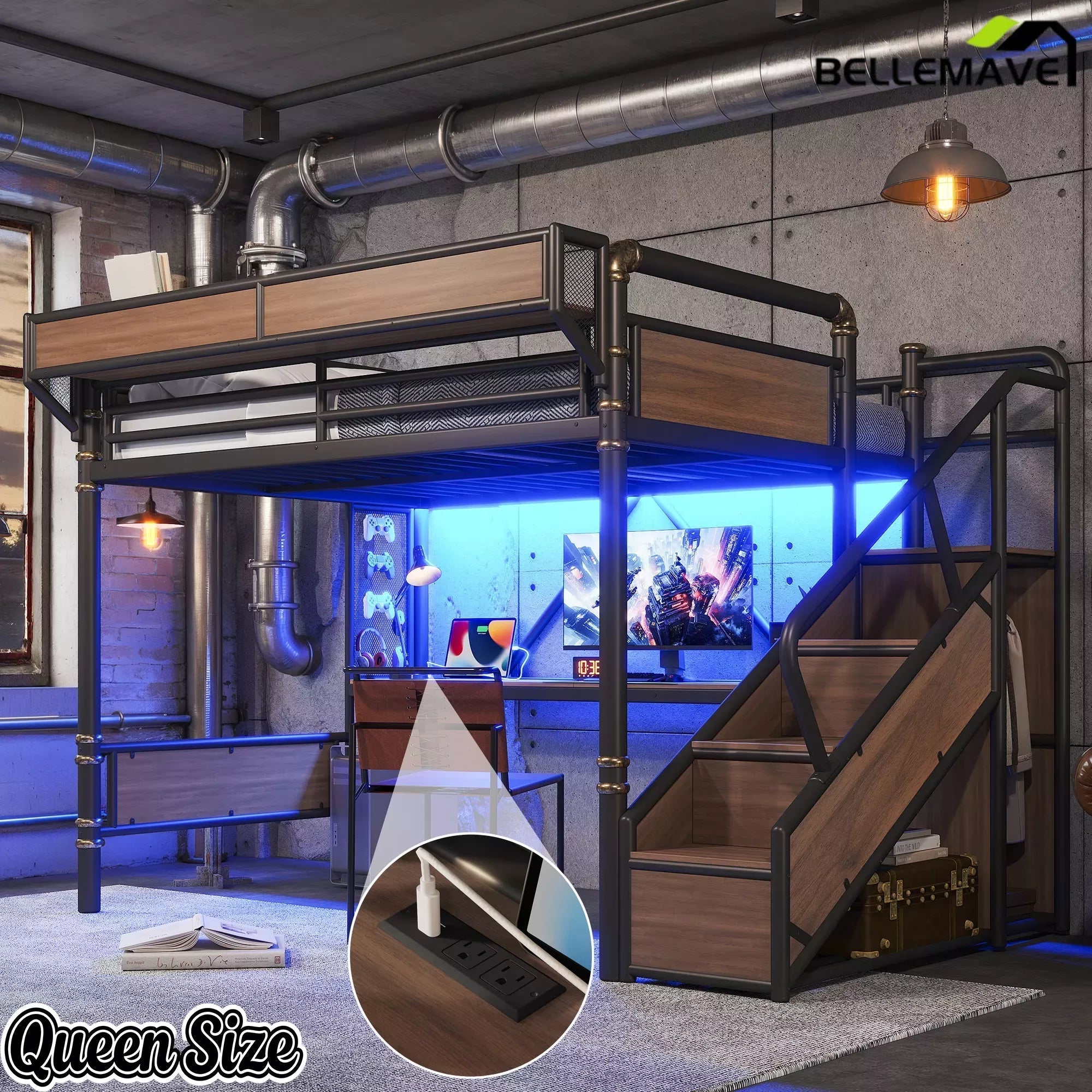 Bellemave® Full Size Loft Bed with Desk, LED Lights & Storage Stairs – Industrial Metal Frame with Built-in Wardrobe - Bellemave