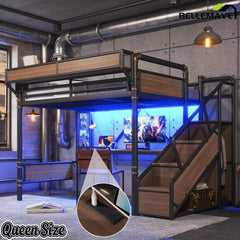 Bellemave® Full Size Loft Bed with Desk, LED Lights & Storage Stairs – Industrial Metal Frame with Built-in Wardrobe - Bellemave