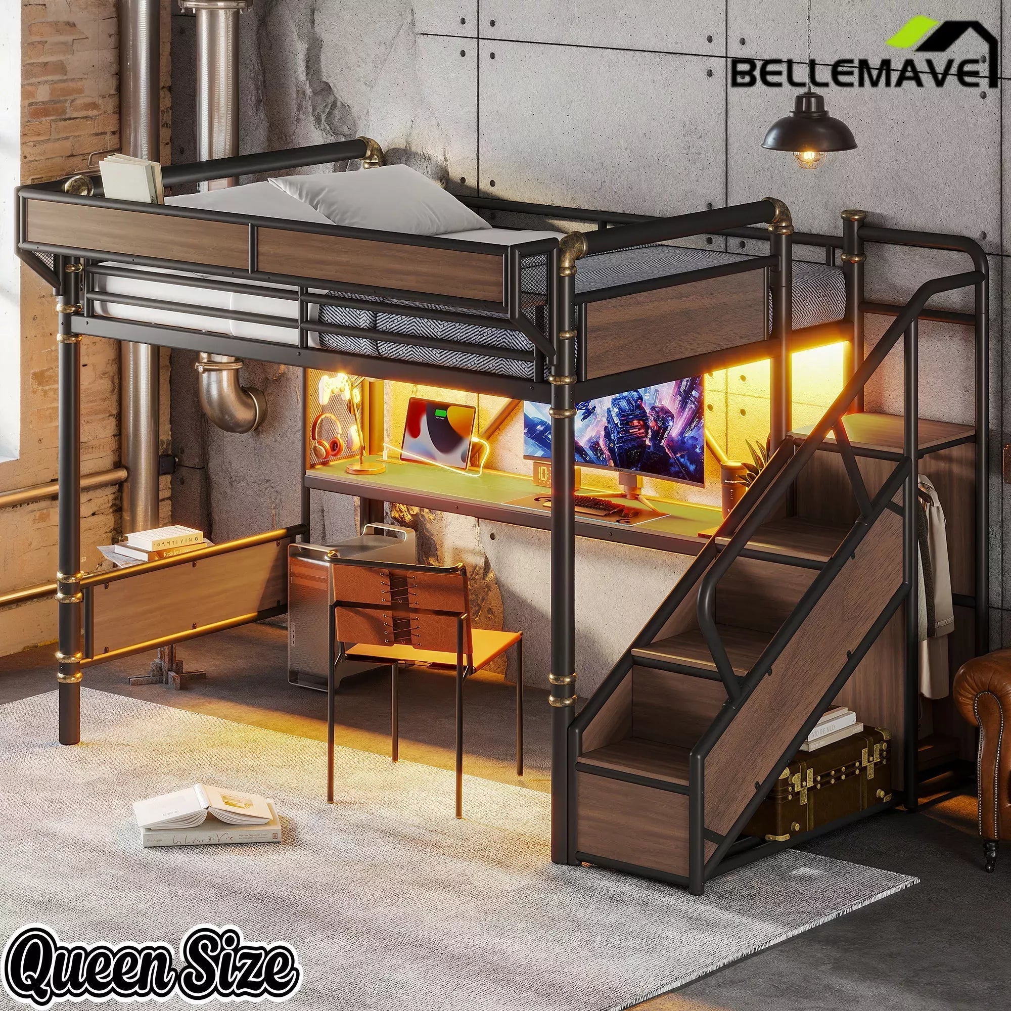 Bellemave® Full Size Loft Bed with Desk, LED Lights & Storage Stairs – Industrial Metal Frame with Built-in Wardrobe - Bellemave