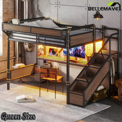 Bellemave® Full Size Loft Bed with Desk, LED Lights & Storage Stairs – Industrial Metal Frame with Built-in Wardrobe - Bellemave