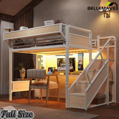 Bellemave® Full Size Loft Bed with Desk, LED Lights & Storage Stairs – Industrial Metal Frame with Built-in Wardrobe - Bellemave
